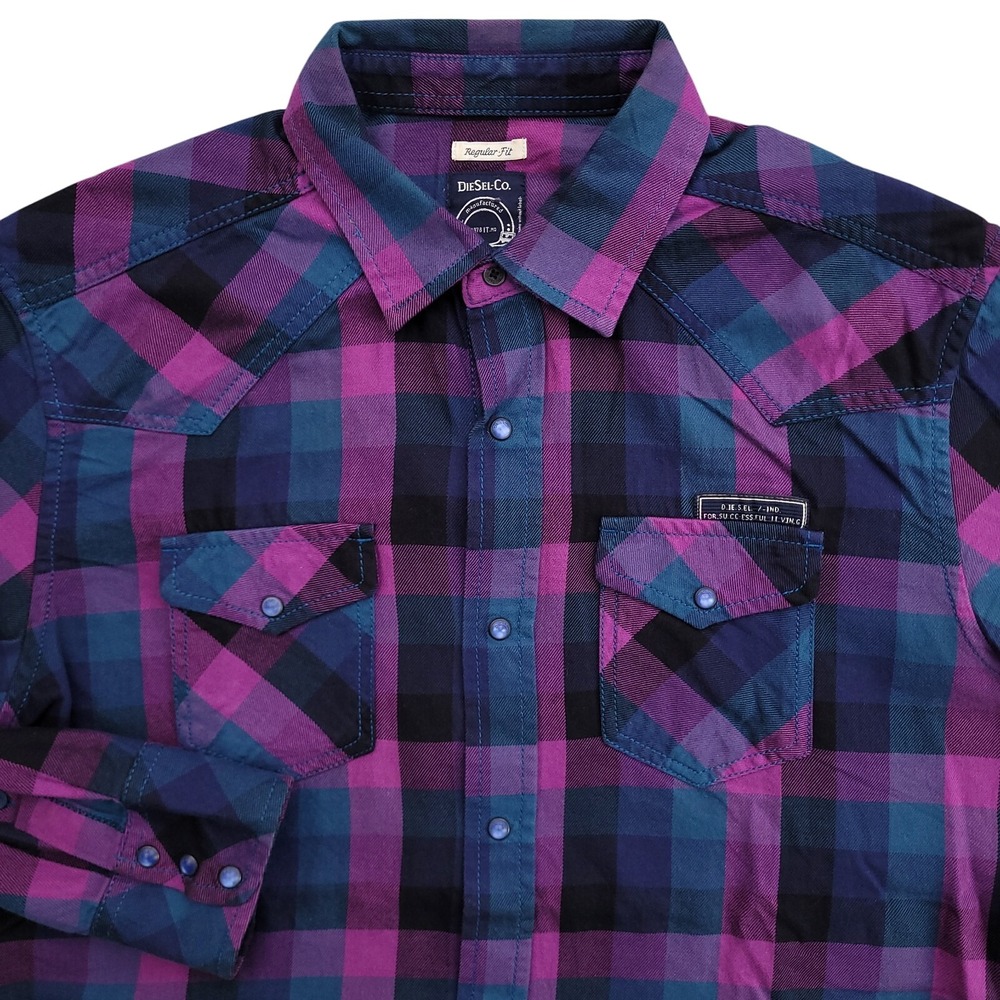 Diesel‎ Pearl Snap Shirt Mens Medium Purple Plaid Western Yoke Dual Pocket